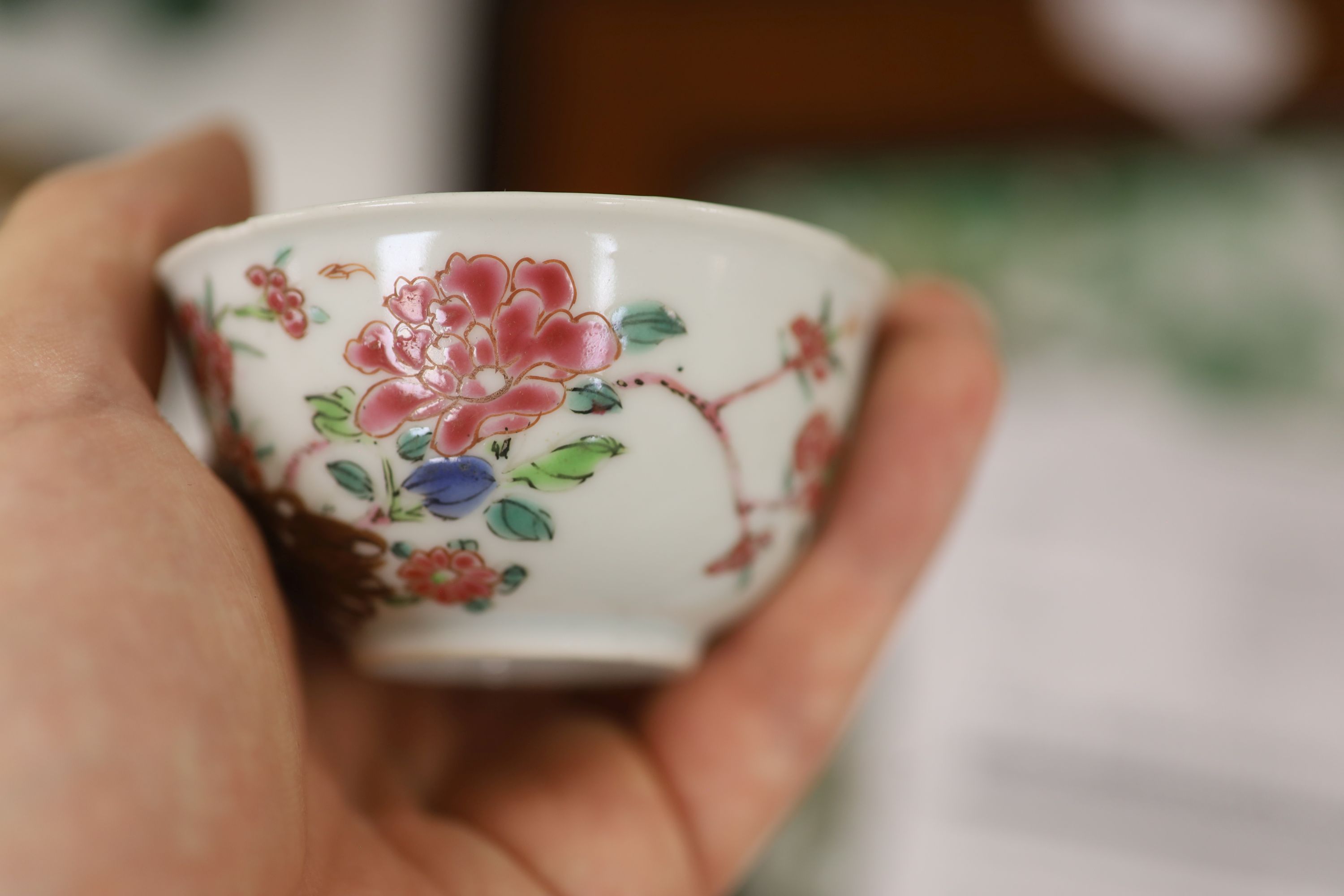 Three 18th century Chinese famille rose or Imari tea bowls together with five saucers